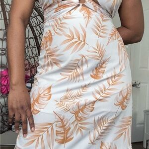 SHEIN White and Tan Leaf Print Midi Dress